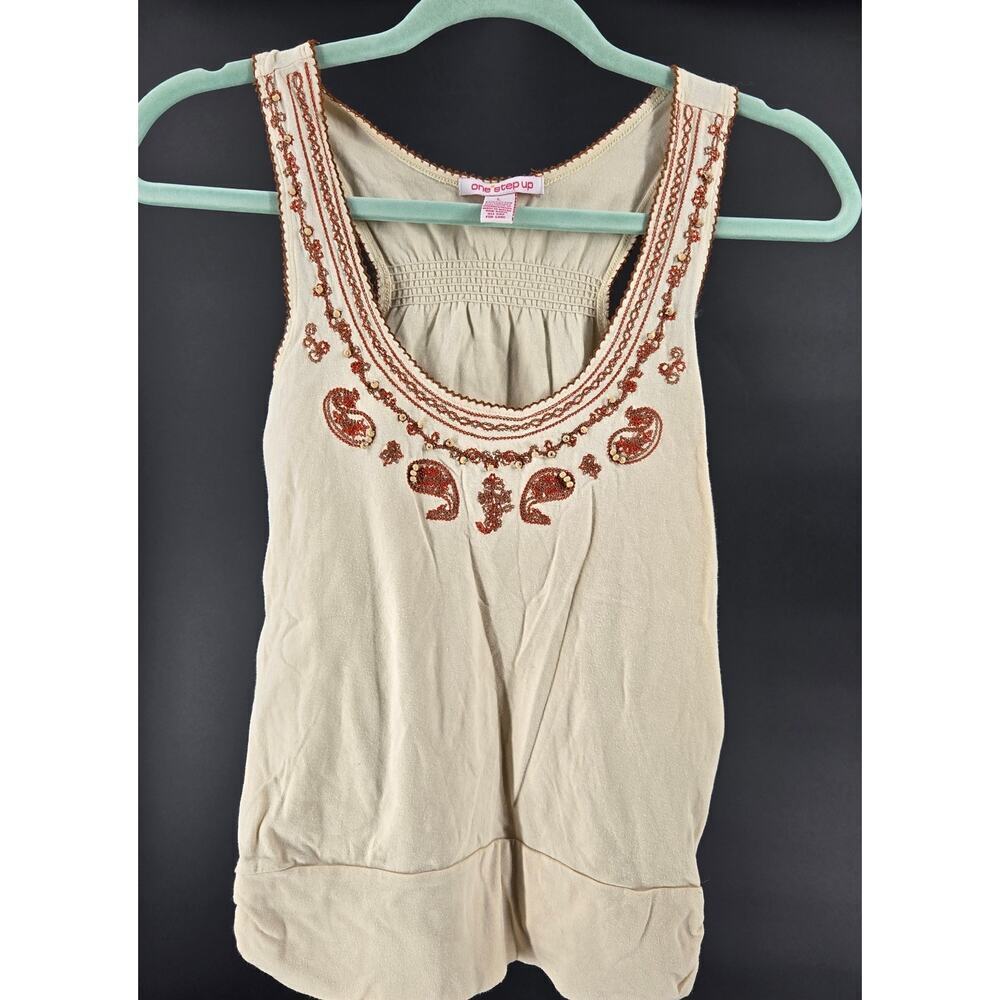 One Step Up Y2K Embroidered beaded tank Size large ladies Fairy hippie Peasant